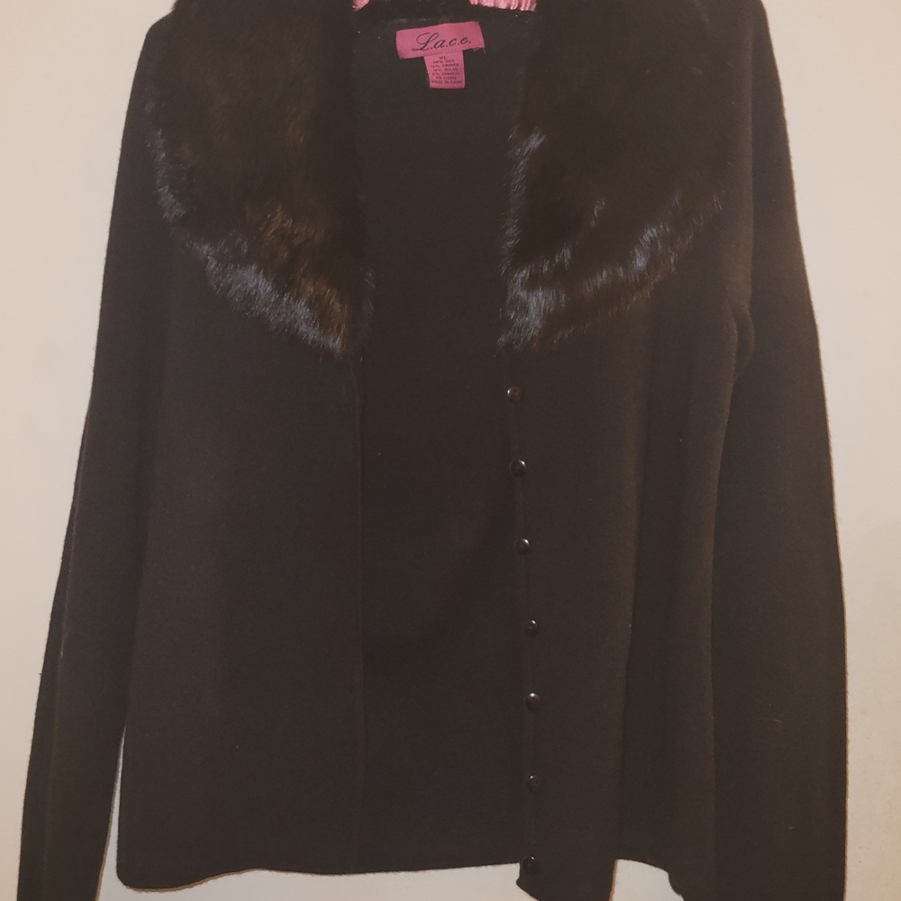 Women's Black Sweater with Faux Fur Collar